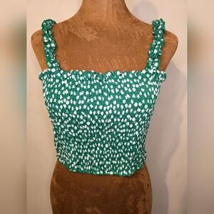 SHEIN Green Floral Smocked Crop Top Ruffle Strap Cottagecore Summer Tank